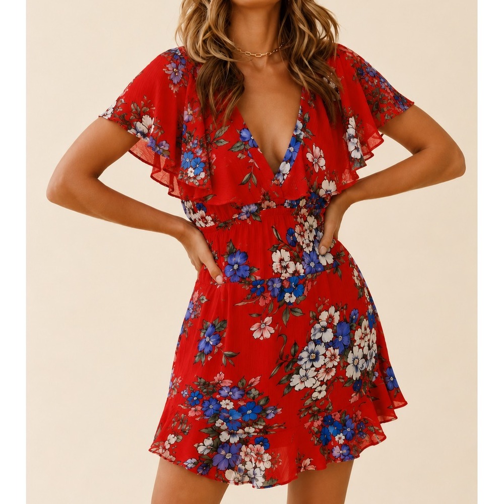Band of Gypsies Floral Mini Dress Lg Red Flutter Sleeve Asymmetrical Hem Flirty